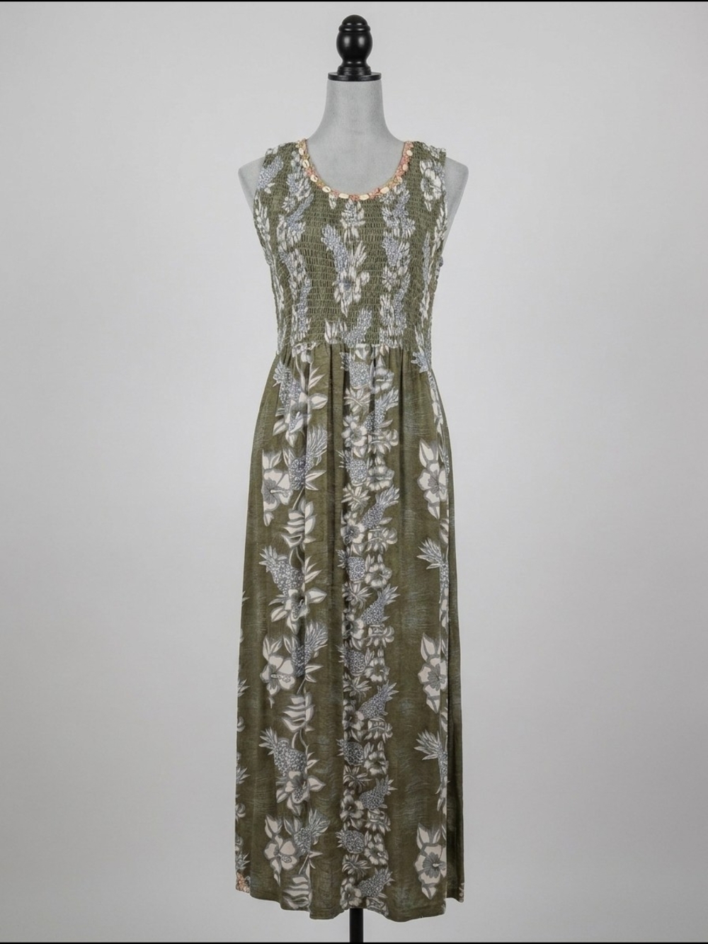 Women's Olive Tropical Maxi Dress Size Medium Smocked Hawaiian Floral Sleeveless